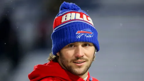 Josh Allen #17 of the Buffalo Bills looks on as he walks the field before a game against the San Francisco 49ers at Highmark Stadium on December 01, 2024 in Orchard Park, New York.
