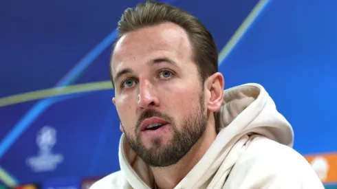 Harry Kane of FC Bayern München talks to the media during a press conference at the UEFA Champions League 2024/25 League Phase MD5 training and press conference at Bayern Munich's training ground Säbener Strasse on November 25, 2024 in Munich, Germany.