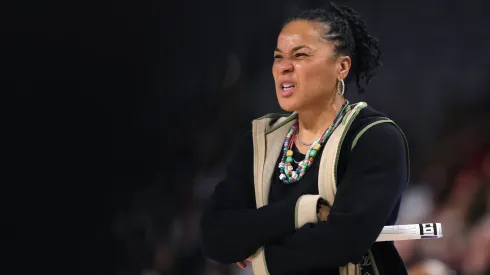 Head coach Dawn Staley of the South Carolina Gamecocks reacts against the TCU Horned Frogs
