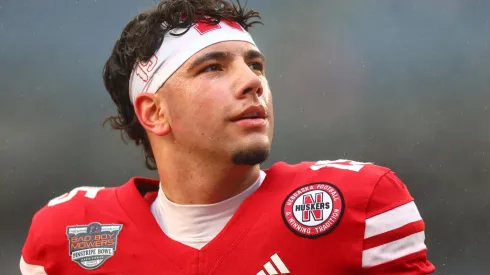 Dylan Raiola #15 of the Nebraska Cornhuskers warms up before the Bad Boy Mowers Pinstripe Bowl against the Boston College Eagles at Yankee Stadium on December 28, 2024 in New York City.
