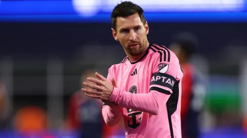 Lionel Messi #10 of Inter Miami reacts in the game against the New England Revolution during the first half.
