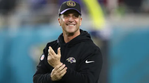 Head coach John Harbaugh of the Baltimore Ravens looks on before the game against the Jacksonville Jaguars at EverBank Stadium on December 17, 2023.