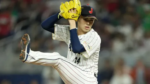 Roki Sasaki #14 of Team Japan pitches in the first inning against Team Mexico during the World Baseball Classic Semifinals at loanDepot park on March 20, 2023 in Miami, Florida. 
