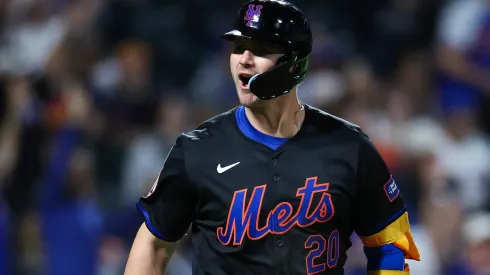  Pete Alonso #20 of the New York Mets reacts after hitting a solo home run in the sixth inning against the Houston Astros at Citi Field on June 28, 2024 in the Queens borough of New York City.
