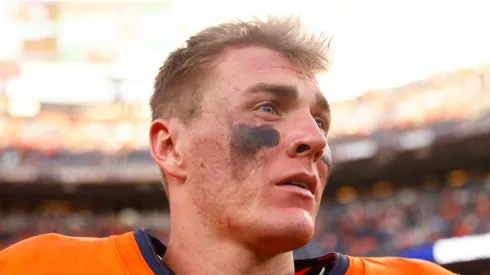 Bo Nix #10 of the Denver Broncos reacts after his team defeated the Carolina Panthers at Empower Field At Mile High on October 27, 2024 in Denver, Colorado.
