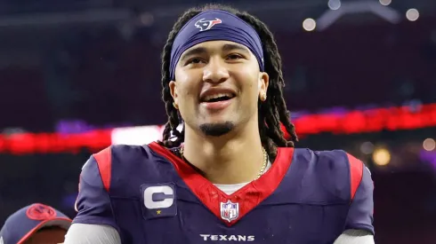 C.J. Stroud #7 of the Houston Texans celebrates after defeating the Cleveland Browns in the AFC Wild Card Playoffs at NRG Stadium on January 13, 2024.
