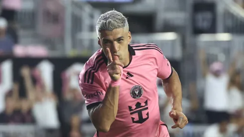 Luis Suárez #9 of Inter Miami celebrates his second goal against the New England Revolution.
