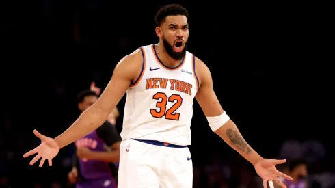 Karl-Anthony Towns #32 of the New York Knicks argues a call during their game against the Toronto Raptors at Madison Square Garden on January 08, 2025 in New York City.
