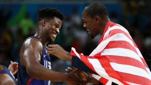 Jimmy Butler and Kevin Durant #5 of United States celebrates after defeating Serbia during the Men's Gold medal game on Day 16 of the Rio 2016 Olympic Games.