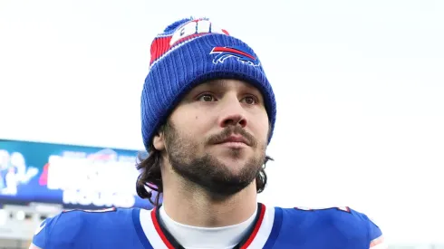 Josh Allen #17 of the Buffalo Bills walks off the field after defeating the Denver Broncos 31-7 during the AFC Wild Card Playoffs at Highmark Stadium on January 12, 2025 in Orchard Park, New York.