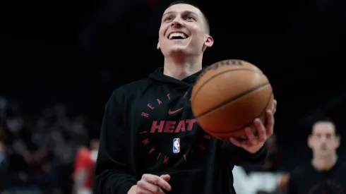 Tyler Herro #14 of the Miami Heat smiles during warm ups before the game against the Portland Trail Blazers at Moda Center on January 11, 2025 in Portland, Oregon.