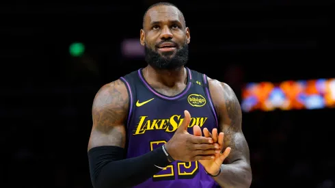 LeBron James #23 of the Los Angeles Lakers reacts during the second quarter against the Atlanta Hawks at State Farm Arena.