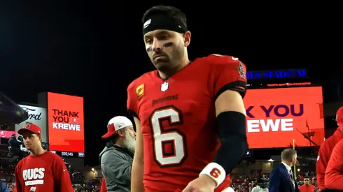 Baker Mayfield #6 of the Tampa Bay Buccaneers walks off the field after being defeated by the Washington Commanders in the NFC Wild Card Playoff at Raymond James Stadium on January 12, 2025 in Tampa, Florida.