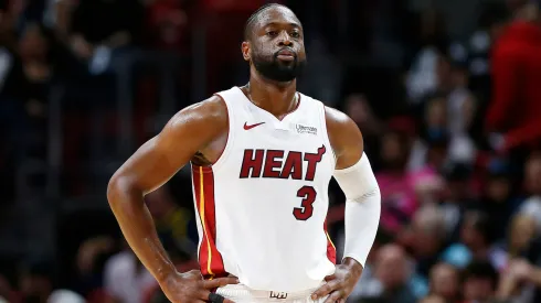 Dwyane Wade #3 of the Miami Heat looks on against the Philadelphia 76ers during the first half at American Airlines Arena.