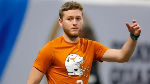Quinn Ewers #3 of the Texas Longhorns warms up prior to the Chick-fil-A Peach Bowl between the Texas Longhorns and Arizona State Sun Devils at Mercedes-Benz Stadium on January 1, 2025 in Atlanta, Georgia.