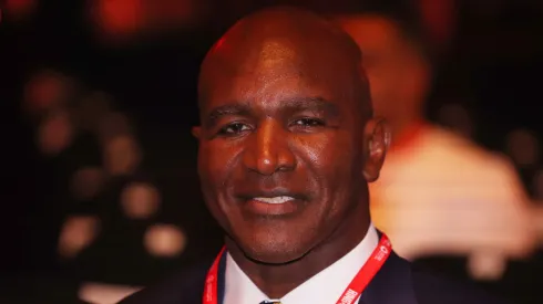 Evander Holyfield looks on from side during the Ring of Fire fight night at Kingdom Arena on May 18, 2024 in Riyadh, Saudi Arabia.