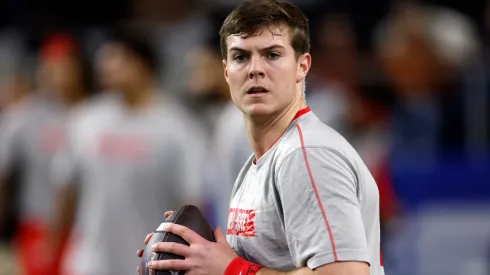 Will Howard #18 of the Ohio State Buckeyes warms up before the Goodyear Cotton Bowl against the Texas Longhorns at AT&T Stadium on January 10, 2025 in Arlington, Texas.