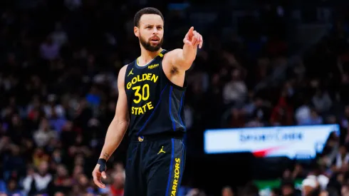 Stephen Curry #30 of the Golden State Warriors reacts during the second half of their NBA game against the Toronto Raptors.