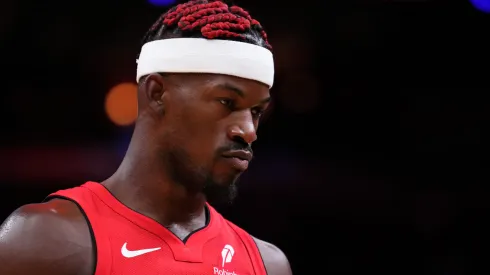 Jimmy Butler #22 of the Miami Heat looks on during the first quarter against the Miami Heat at Kaseya Center on November 24, 2024 in Miami, Florida.