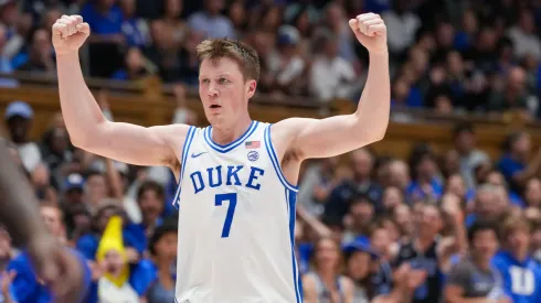 Kon Knueppel #7 of the Duke Blue Devils reacts during the second half of the exhibition game against the Lincoln Lions at Cameron Indoor Stadium