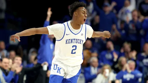 Jaxson Robinson #2 of the Kentucky Wildcats celebrates in the game against the Texas A&M Aggies