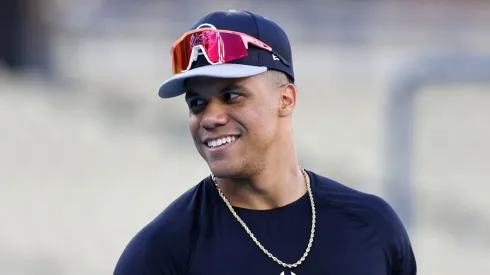 Juan Soto reacts during batting practice on workout day ahead of Game 1 of the 2024 World Series at Dodger Stadium on October 24, 2024 in Los Angeles, California.
