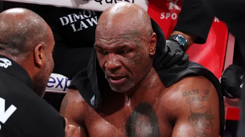 Mike Tyson fights during LIVE On Netflix: Jake Paul vs. Mike Tyson at AT&T Stadium on November 15, 2024 in Arlington, Texas.