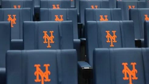 A general view of New York Mets logo seats before the game against the Los Angeles Dodgers at Citi Field on May 29, 2024 in the Queens borough of New York City.