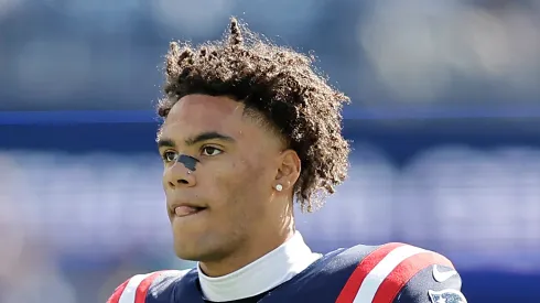 Christian Gonzalez #0 of the New England Patriots warms up prior to a game against the Miami Dolphins at Gillette Stadium on October 06, 2024 in Foxborough, Massachusetts.