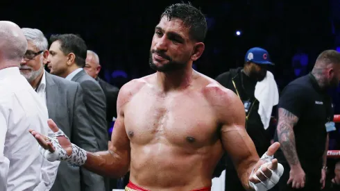 Amir Khan looks dejected after his 6th round defeat to Kell Brook during their Welterweight contest at AO Arena on February 19, 2022 in Manchester, England.