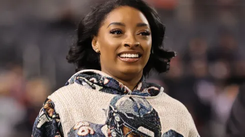 Gymnast Simone Biles looks on before the game between the Seattle Seahawks and the Chicago Bears at Soldier Field on December 26, 2024 in Chicago, Illinois.