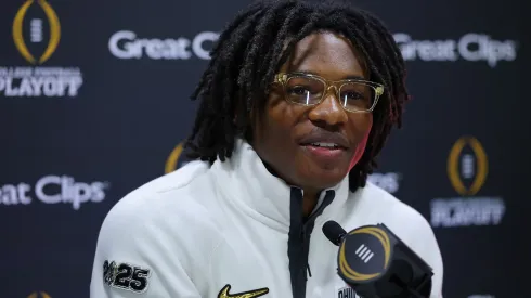 Jeremiah Smith #4 of the Ohio State Buckeyes speaks to the media during the Ohio State Buckeyes media day at the Georgia World Congress Center prior to the 2025 CFP National Championship between the Ohio State Buckeyes and Notre Dame Fighting Irish on January 18, 2025 in Atlanta, Georgia.