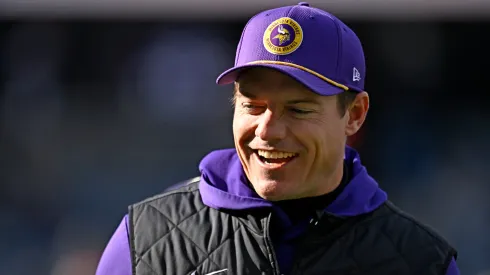 Head coach Kevin O'Connell of the Minnesota Vikings is seen on the field during warmups prior to a game against the Chicago Bears at Soldier Field on November 24, 2024 in Chicago, Illinois.