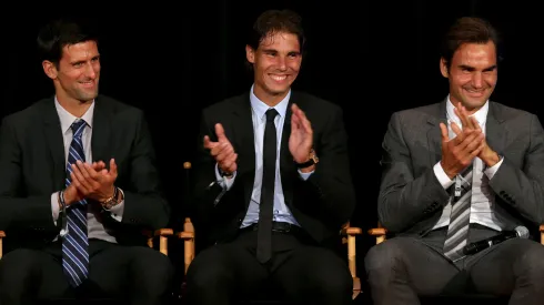 Novak Djokovic of Serbia; Rafael Nadal of Spain and Roger Federer of Switzerland on stage during the ATP Heritage Celebration.