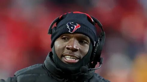Head coach DeMeco Ryans of the Houston Texans looks on against the Kansas City Chiefs during the third quarter in the AFC Divisional Playoff at GEHA Field at Arrowhead Stadium on January 18, 2025 in Kansas City, Missouri.