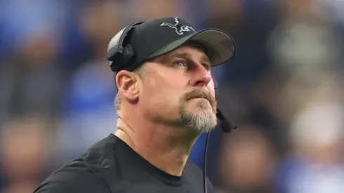 Head coach Dan Campbell of the Detroit Lions looks on during the first quarter against the Washington Commanders in the NFC Divisional Playoff at Ford Field on January 18, 2025 in Detroit, Michigan.