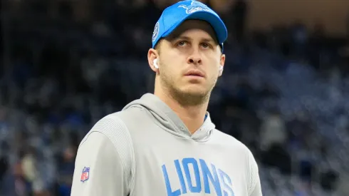 Jared Goff #16 of the Detroit Lions looks on during warmups prior to playing the Washington Commanders during the NFC Divisional Playoff at Ford Field on January 18, 2025 in Detroit, Michigan.