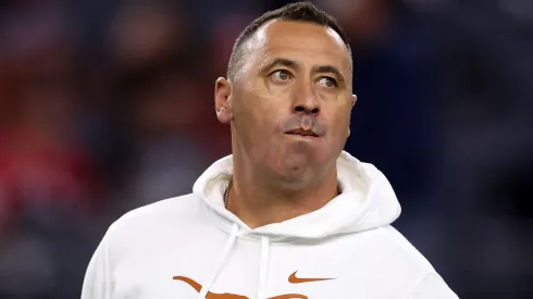 Head coach Steve Sarkisian of the Texas Longhorns looks on before the Goodyear Cotton Bowl against the Ohio State Buckeyes at AT&T Stadium on January 10, 2025 in Arlington, Texas.