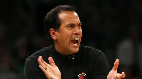 Head coach Erik Spoelstra of the Miami Heat watches action during game one of the Eastern Conference Finals