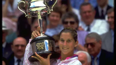 Monica Seles with the 1991 Australian Open trophy