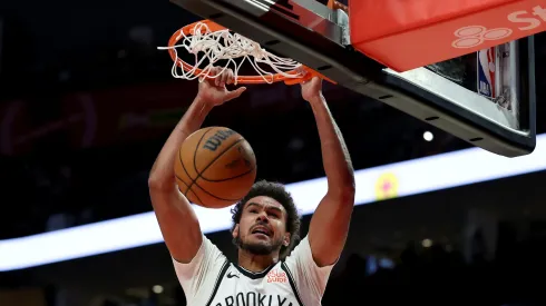 Cameron Johnson #2 of the Brooklyn Nets dunks during the second half against the Portland Trail Blazers at Moda Center on January 14, 2025 in Portland, Oregon.