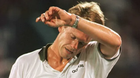 Stefan Edberg of Sweden takes a moment during his match versus Goran Ivanisevic of Croatia at the US Open.