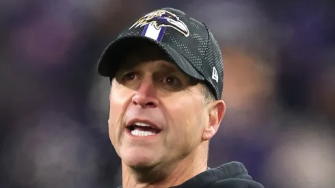 Head coach John Harbaugh of the Baltimore Ravens looks on during the fourth quarter against the Pittsburgh Steelers during the AFC Wild Card Playoff at M&T Bank Stadium on January 11, 2025 in Baltimore, Maryland.