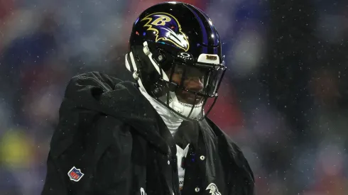 Lamar Jackson #8 of the Baltimore Ravens warms up prior to the game against the Buffalo Bills in the AFC Divisional Playoff at Highmark Stadium on January 19, 2025 in Orchard Park, New York.