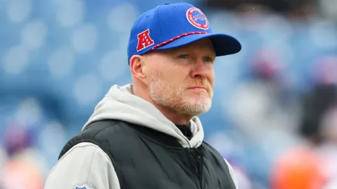 Head coach Sean McDermott of the Buffalo Bills looks on during warms up prior to playing the Denver Broncos during the AFC Wild Card Playoffs at Highmark Stadium on January 12, 2025 in Orchard Park, New York.
