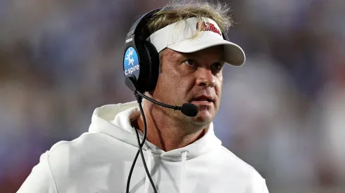 Head coach Lane Kiffin of the Mississippi Rebels looks on during the first half against the Arkansas Razorbacks at Vaught-Hemingway Stadium on October 07, 2023 in Oxford, Mississippi.