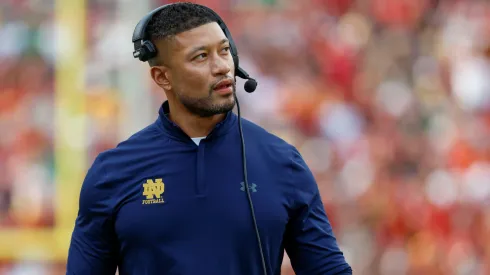 Notre Dame Fighting Irish head coach Marcus Freeman in action during the NCAA, College League, USA football game between the Notre Dame Fighting Irish and the USC Trojans at the Los Angeles Coliseum in Los Angeles, California.
