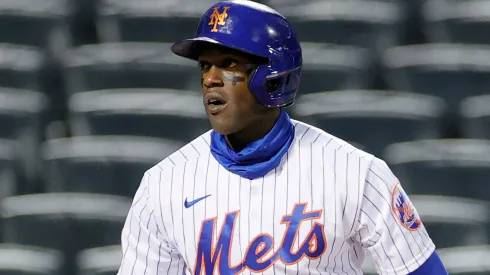 Cameron Maybin #15 of the New York Mets looks on at bat during the second inning against the Atlanta Braves at Citi Field on May 29, 2021 in the Queens borough of New York City.