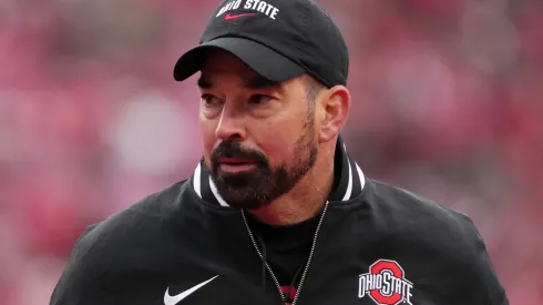 Head coach Ryan Day of the Ohio State Buckeyes looks on before the game against the Indiana Hoosiers at Ohio Stadium on November 23, 2024 in Columbus, Ohio.