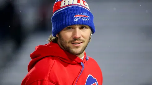 Josh Allen #17 of the Buffalo Bills looks on as he walks the field before a game against the San Francisco 49ers at Highmark Stadium on December 01, 2024 in Orchard Park, New York.